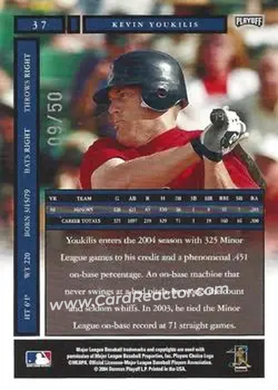 2004 Playoff Honors - Credits Silver #37 - Kevin Youkilis - Boston Red Sox - Back