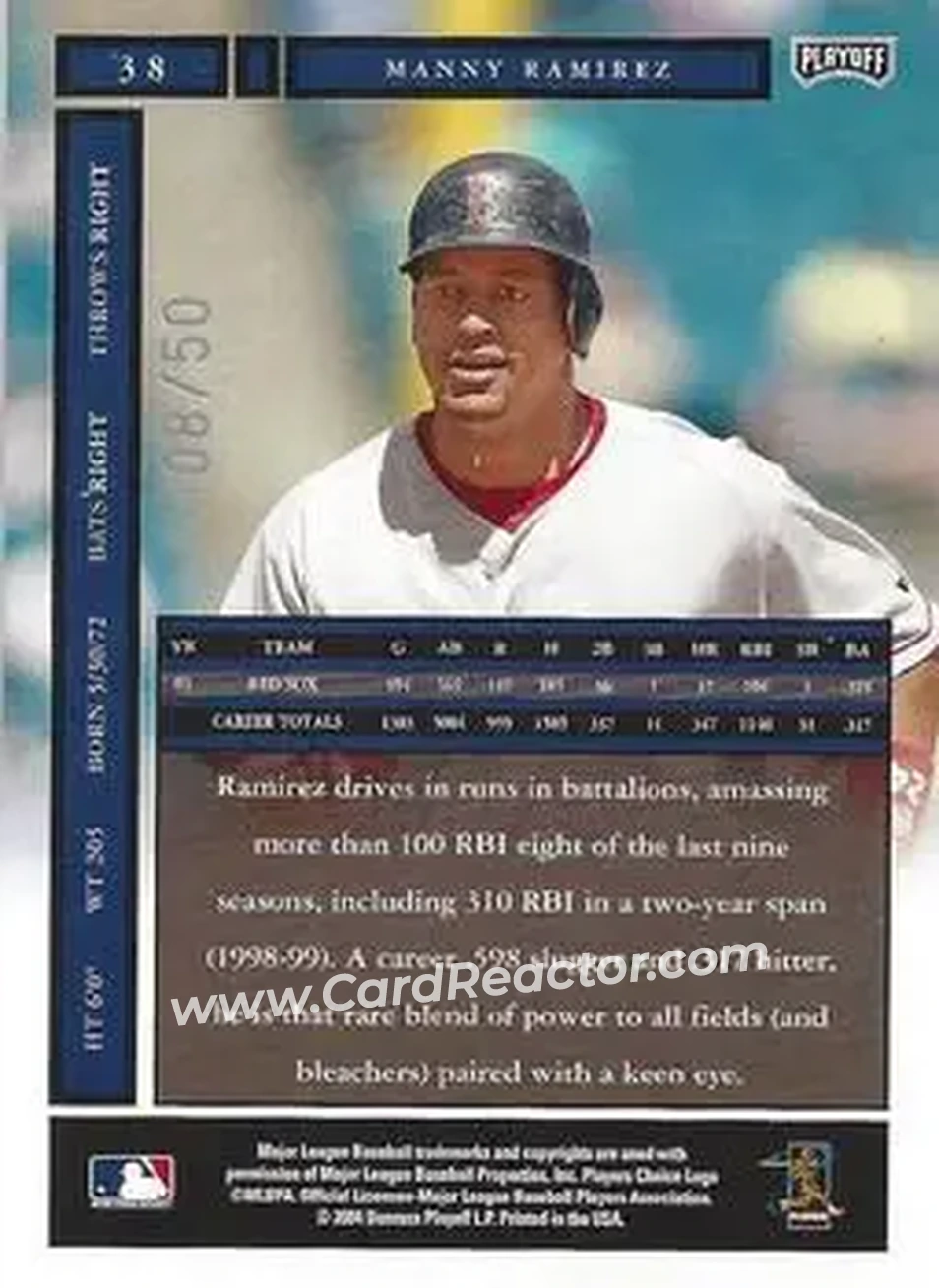 2004 Playoff Honors - Credits Silver #38 - Manny Ramirez - Boston Red Sox - Back
