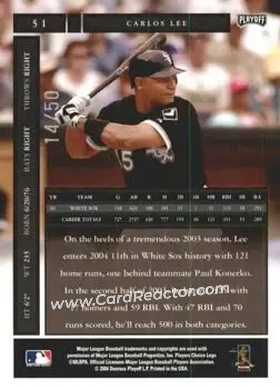 2004 Playoff Honors - Credits Silver #51 - Carlos Lee - Chicago White Sox - Back 2004 Playoff Honors - Credits Silver #51 - Carlos Lee - Chicago White Sox - Back