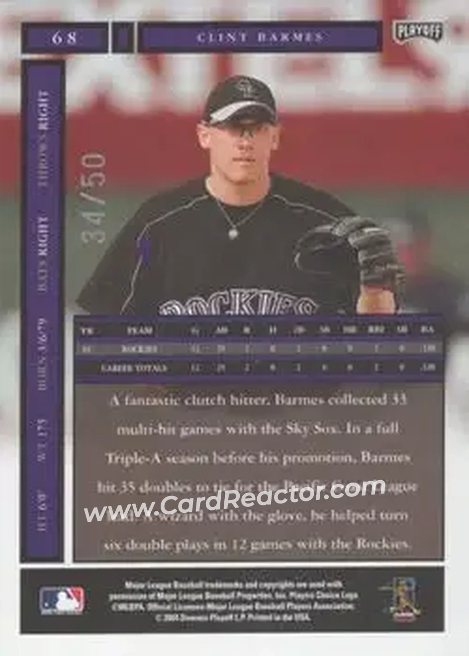2004 Playoff Honors - Credits Silver #68 - Clint Barmes - Colorado Rockies - Back