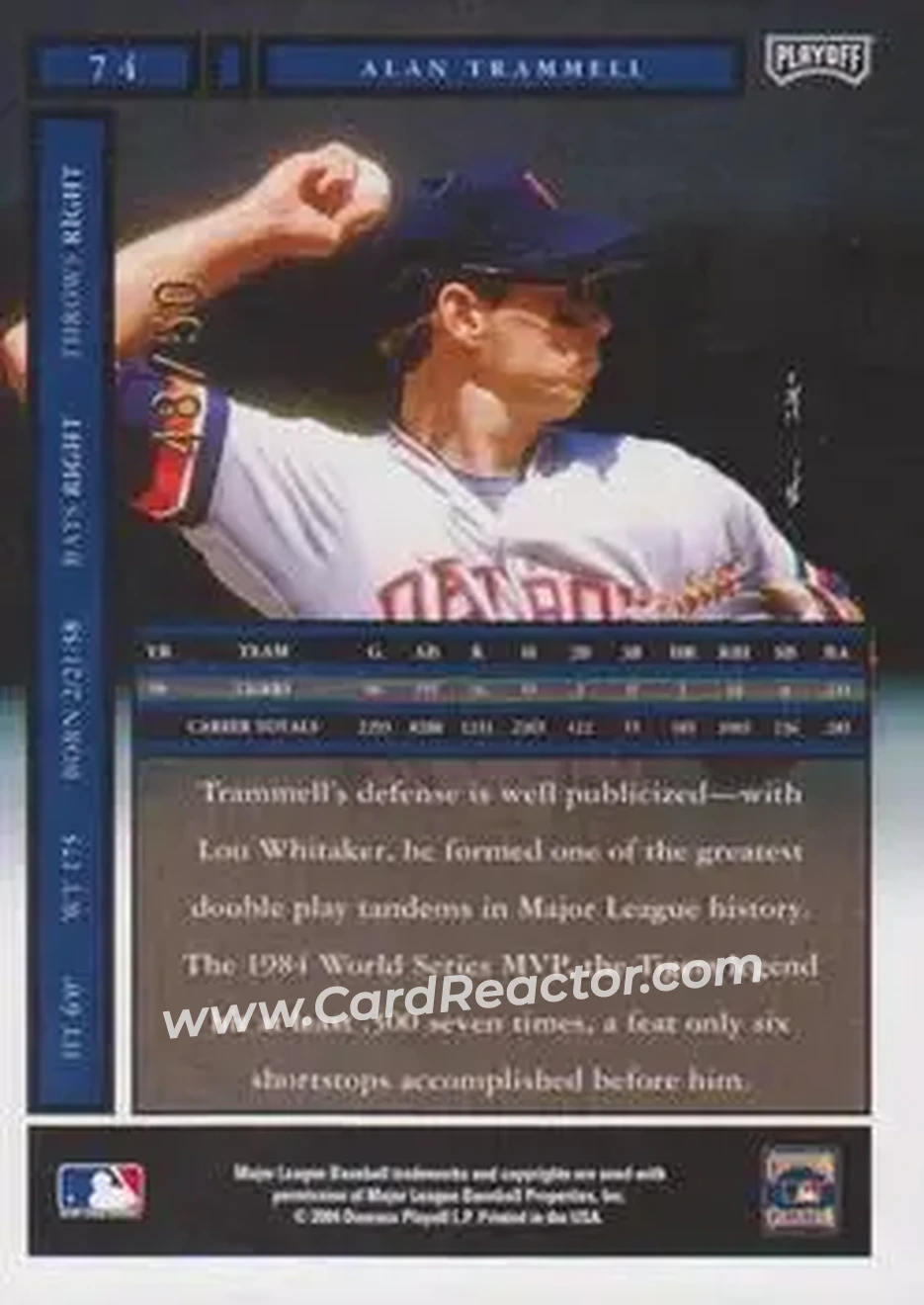 2004 Playoff Honors - Credits Silver #74 - Alan Trammell - Detroit Tigers - Back