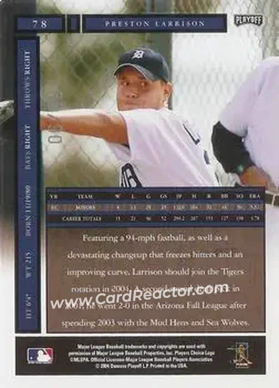 2004 Playoff Honors - Credits Silver #78 - Preston Larrison - Detroit Tigers - Back