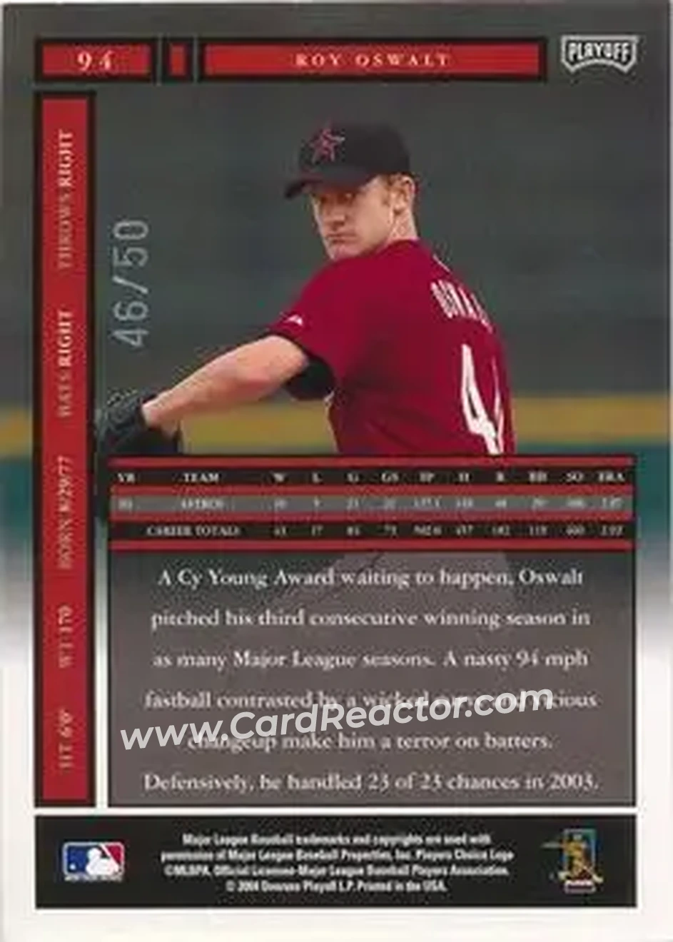 2004 Playoff Honors - Credits Silver #94 - Roy Oswalt - Houston Astros - Back