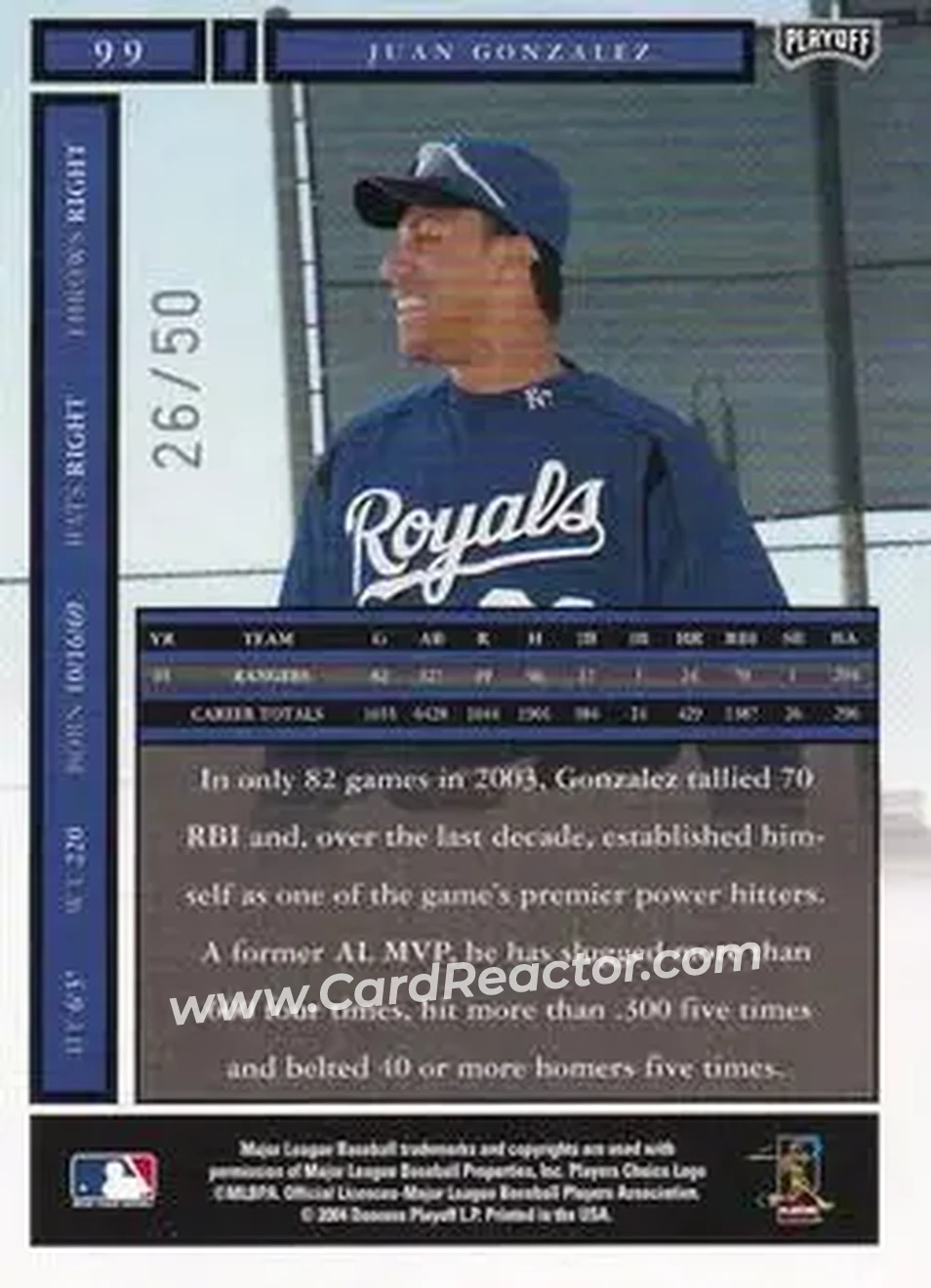 2004 Playoff Honors - Credits Silver #99 - Juan Gonzalez - Kansas City Royals - Back
