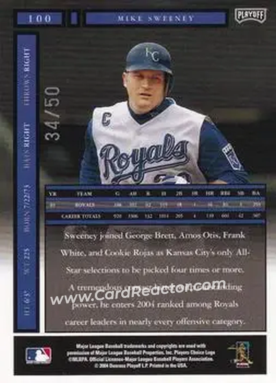 2004 Playoff Honors - Credits Silver #100 - Mike Sweeney - Kansas City Royals - Back