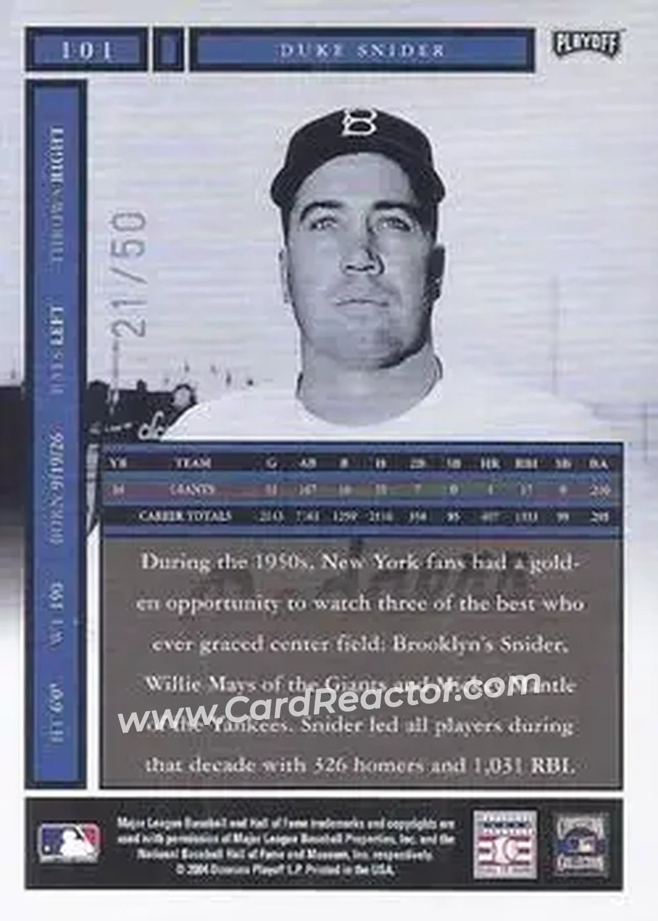 2004 Playoff Honors - Credits Silver #101 - Edwin "Duke" Snider - Brooklyn Dodgers - Back 2004 Playoff Honors - Credits Silver #101 - Edwin "Duke" Snider - Brooklyn Dodgers - Back