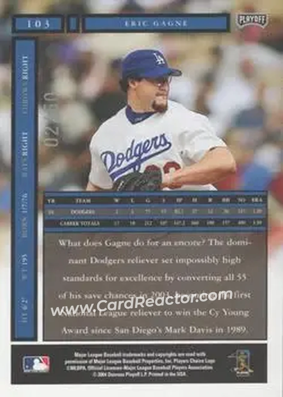 2004 Playoff Honors - Credits Silver #103 - Eric Gagne - Los Angeles Dodgers - Back
