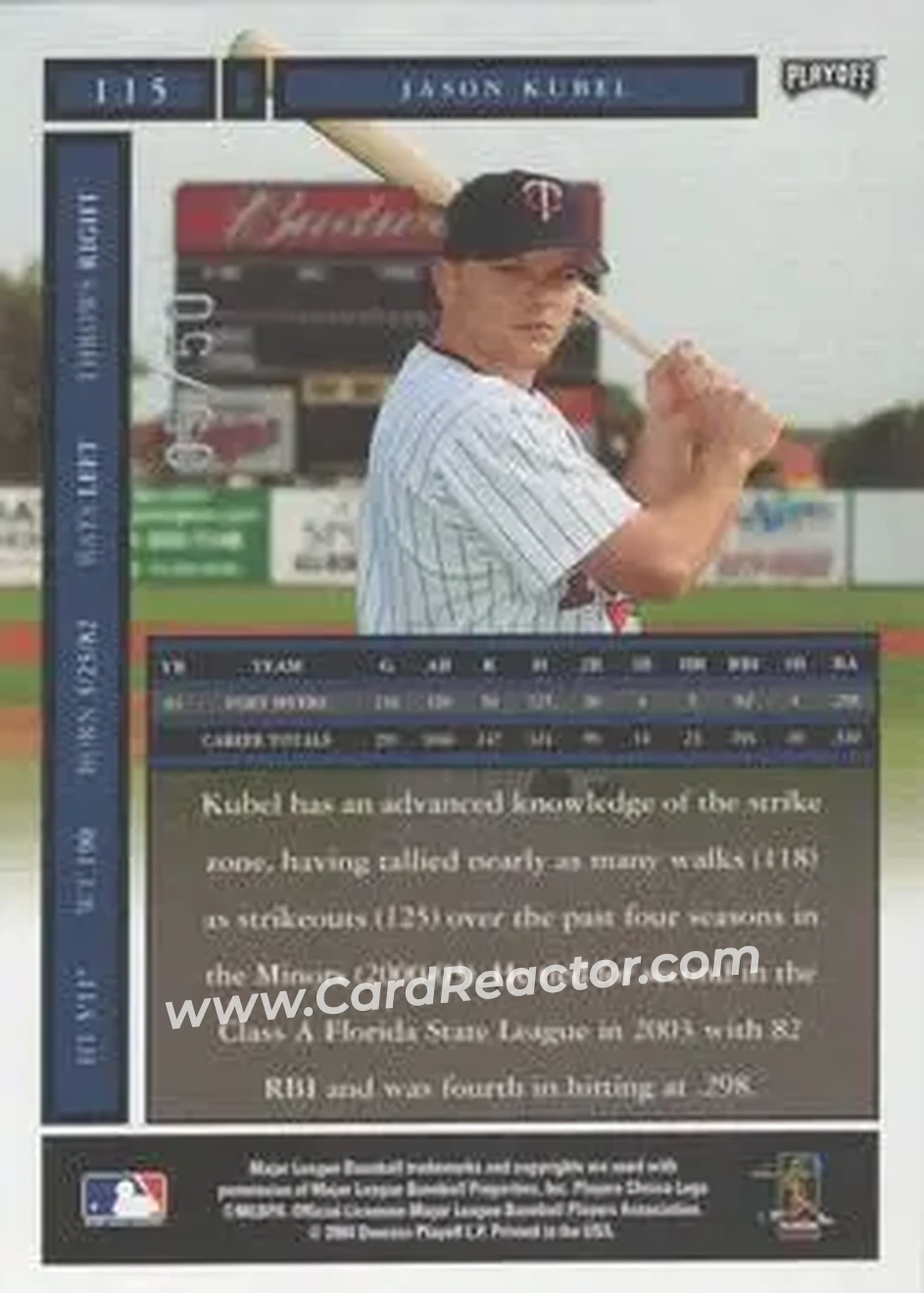 2004 Playoff Honors - Credits Silver #115 - Jason Kubel - Minnesota Twins - Back