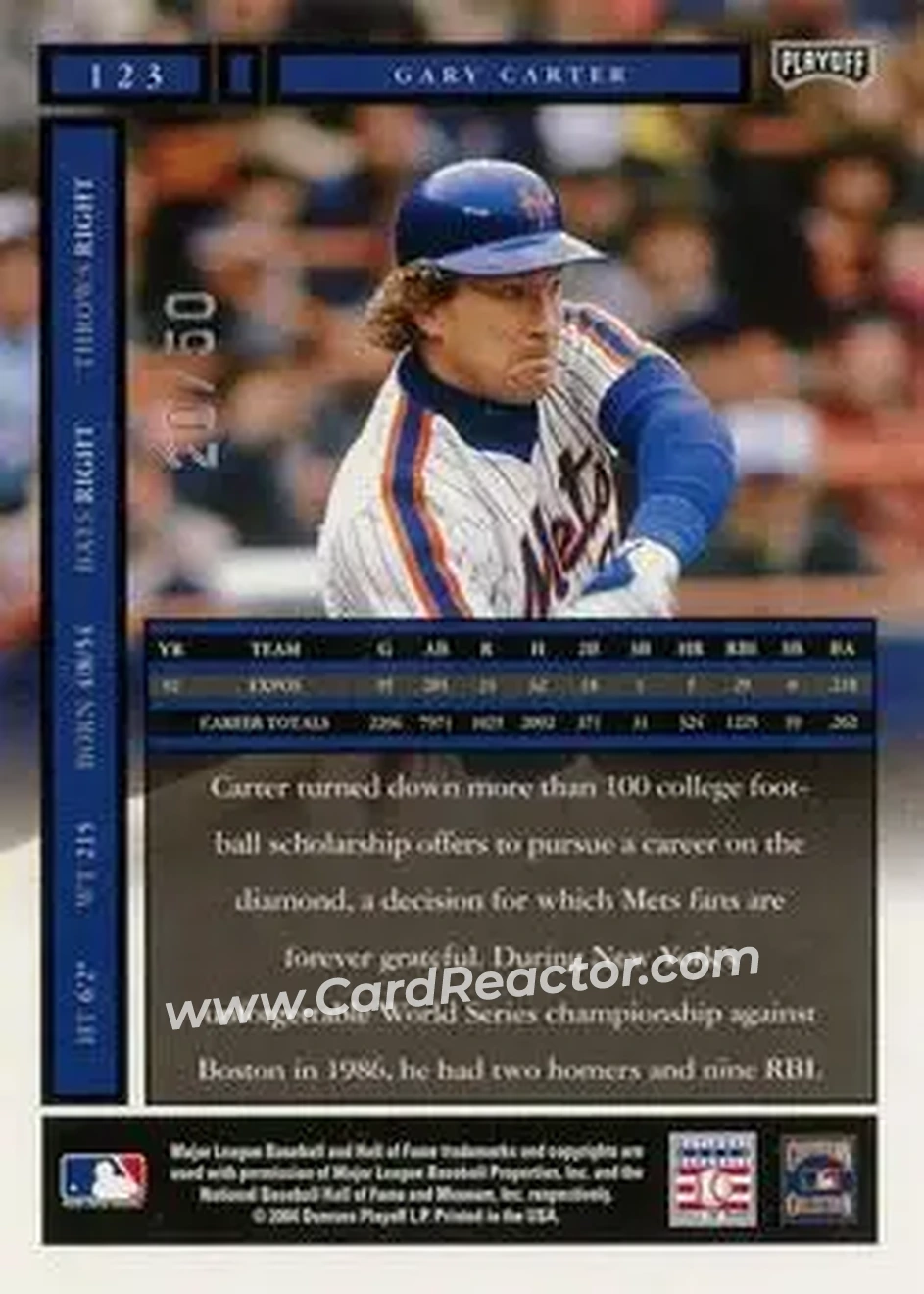 2004 Playoff Honors - Credits Silver #123 - Gary Carter - New York Mets - Back 2004 Playoff Honors - Credits Silver #123 - Gary Carter - New York Mets - Back
