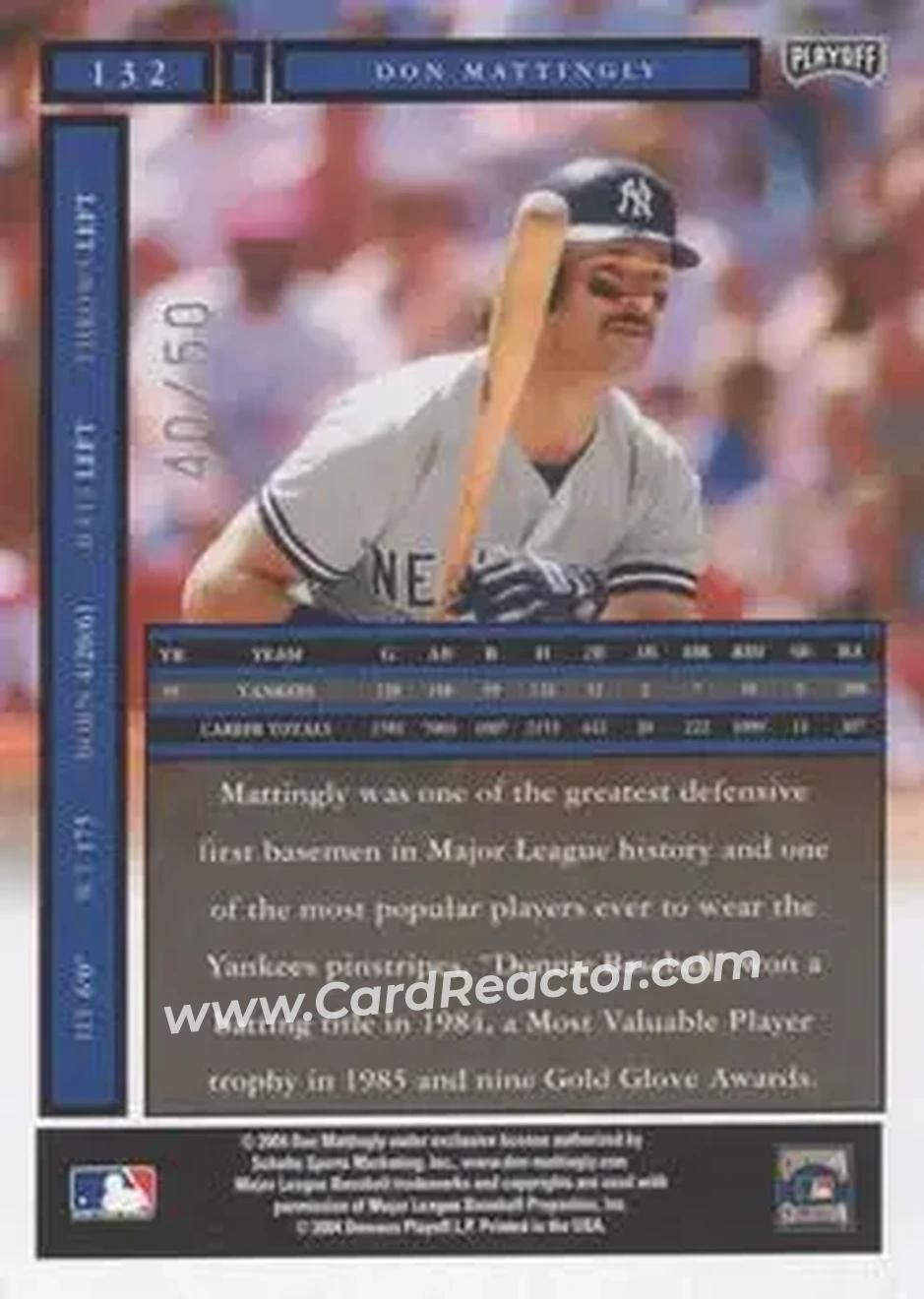 2004 Playoff Honors - Credits Silver #132 - Don Mattingly - New York Yankees - Back