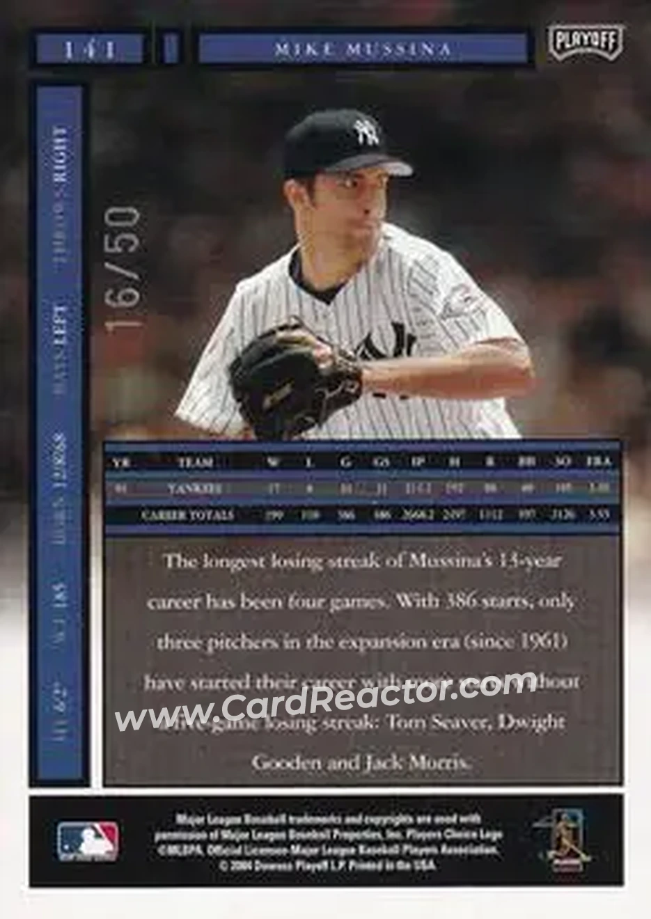 2004 Playoff Honors - Credits Silver #141 - Mike Mussina - New York Yankees - Back 2004 Playoff Honors - Credits Silver #141 - Mike Mussina - New York Yankees - Back