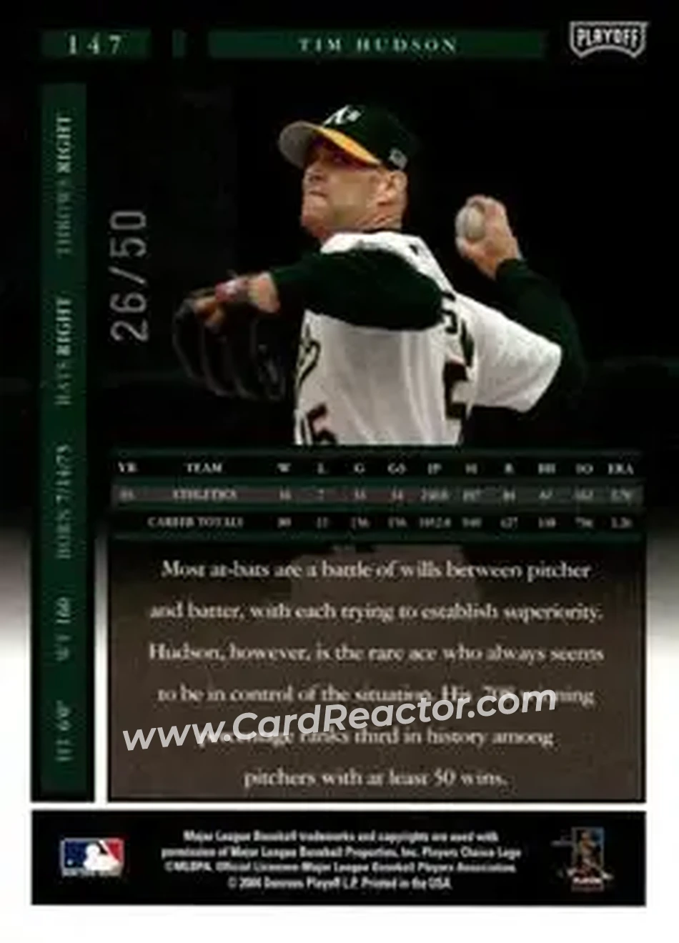 2004 Playoff Honors - Credits Silver #147 - Tim Hudson - Oakland Athletics - Back 2004 Playoff Honors - Credits Silver #147 - Tim Hudson - Oakland Athletics - Back