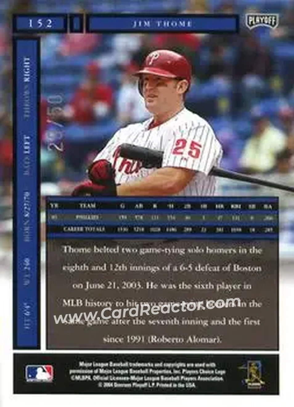 2004 Playoff Honors - Credits Silver #152 - Jim Thome - Philadelphia Phillies - Back