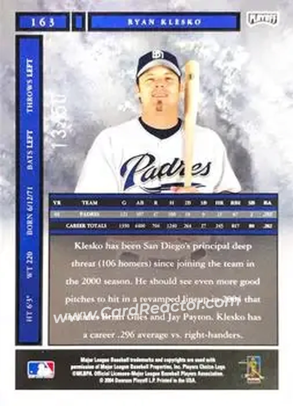 2004 Playoff Honors - Credits Silver #163 - Ryan Klesko - San Diego Padres - Back