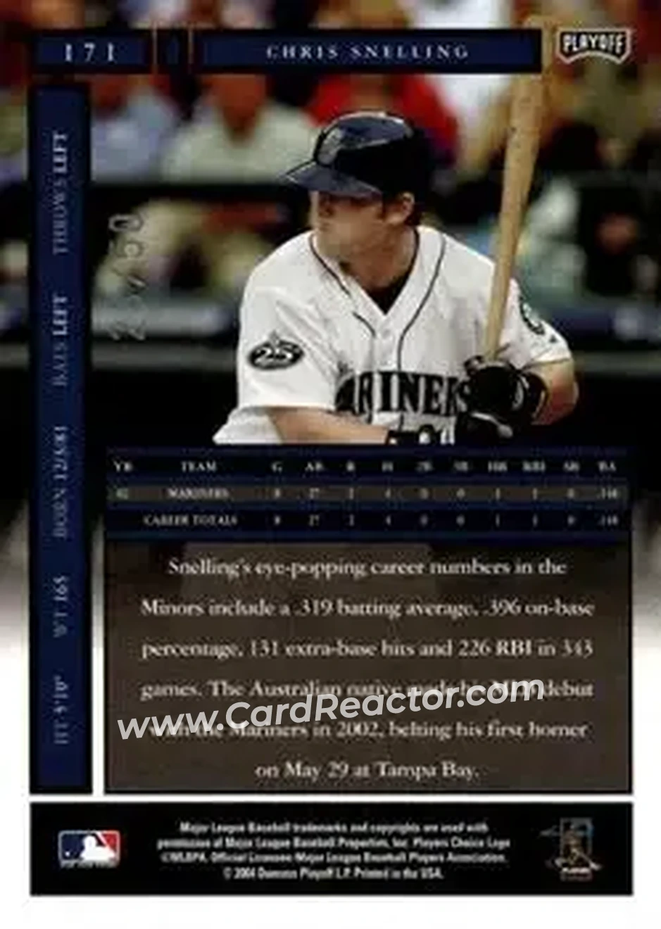 2004 Playoff Honors - Credits Silver #171 - Chris Snelling - Seattle Mariners - Back