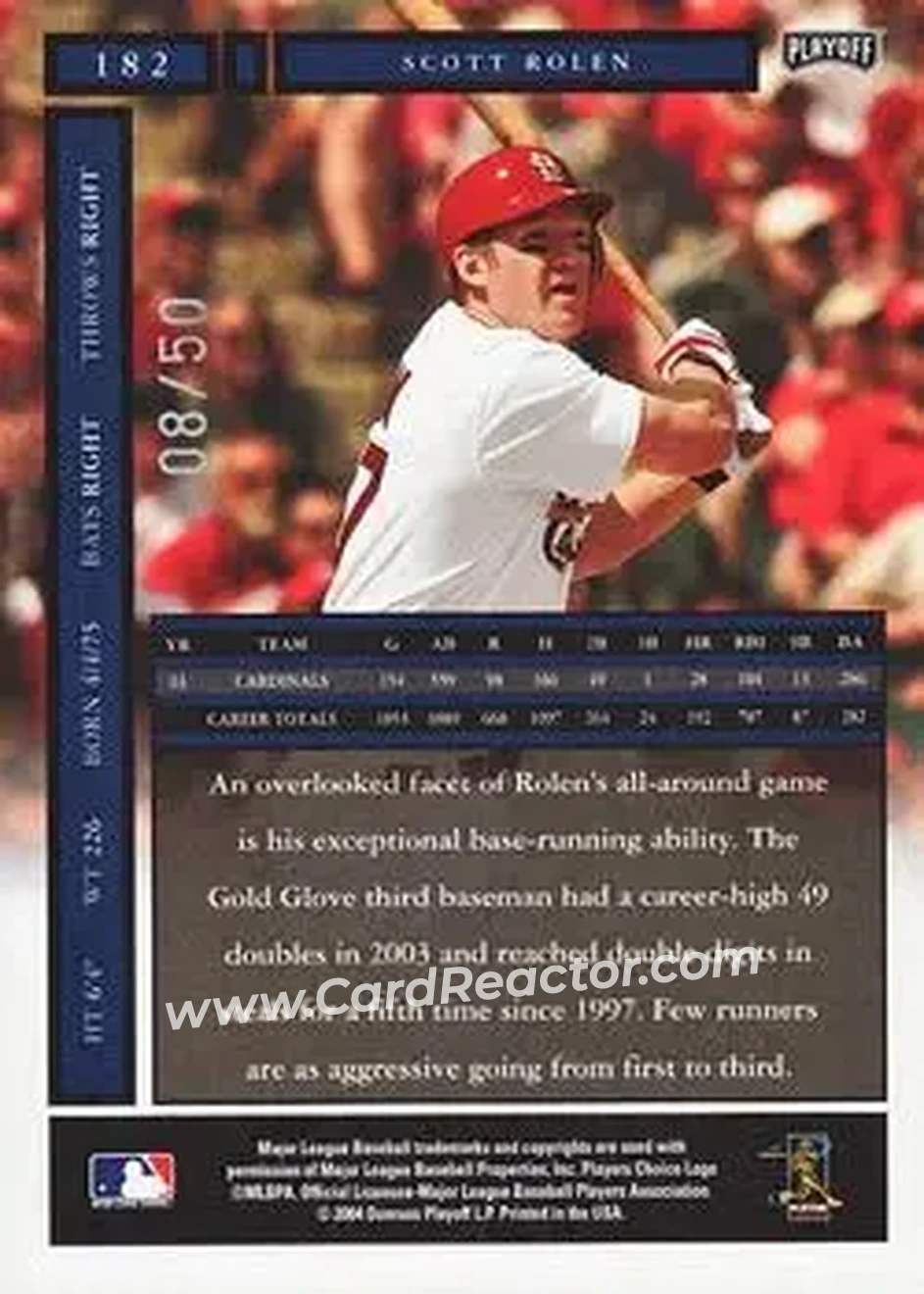 2004 Playoff Honors - Credits Silver #182 - Scott Rolen - St. Louis Cardinals - Back