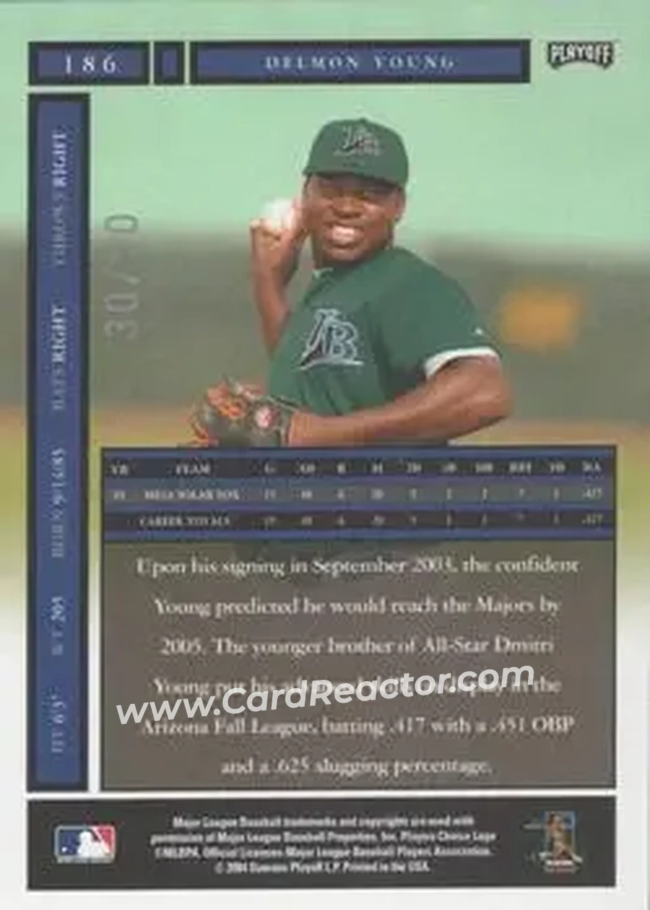 2004 Playoff Honors - Credits Silver #186 - Delmon Young - Tampa Bay Devil Rays - Back