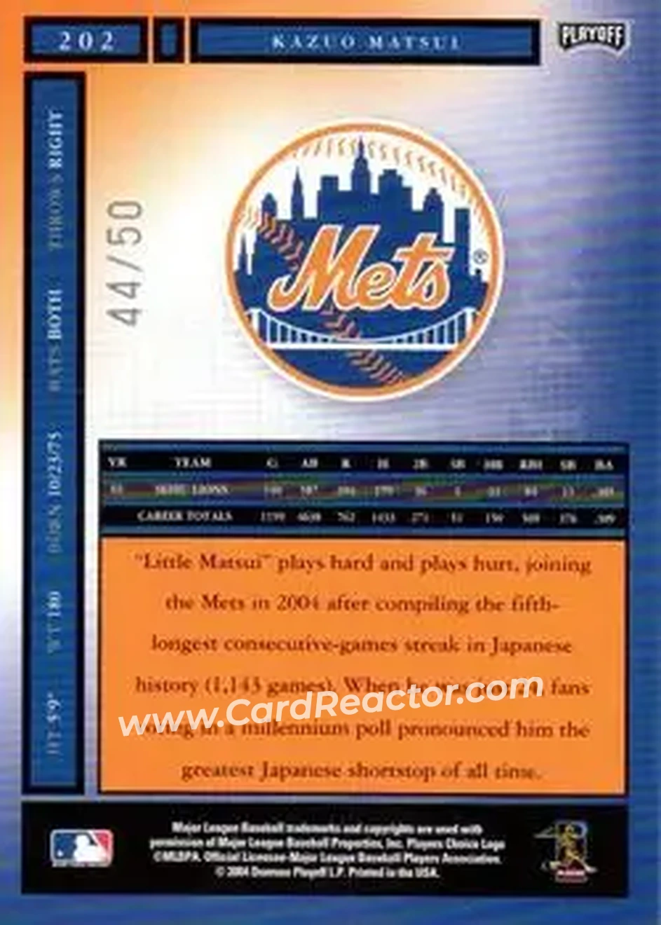 2004 Playoff Honors - Credits Silver #202 - Kazuo Matsui - New York Mets - Back 2004 Playoff Honors - Credits Silver #202 - Kazuo Matsui - New York Mets - Back