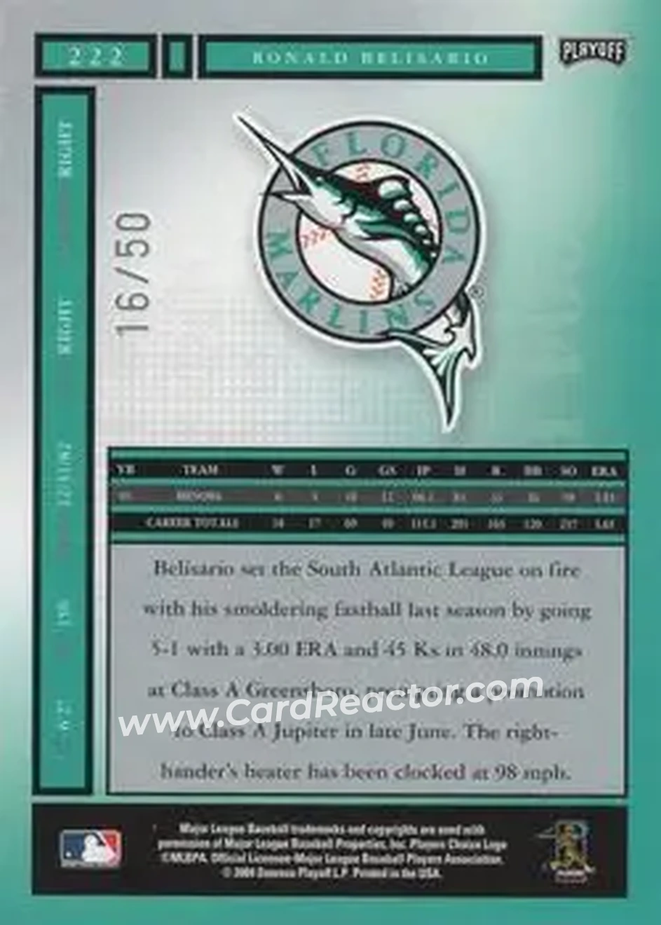 2004 Playoff Honors - Credits Silver #222 - Ronald Belisario - Florida Marlins - Back
