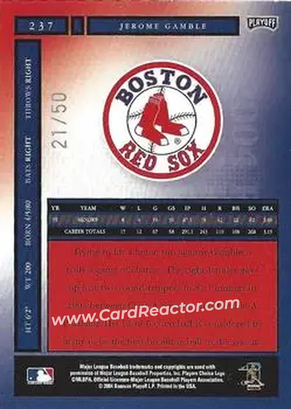 2004 Playoff Honors - Credits Silver #237 - Jerome Gamble - Boston Red Sox - Back