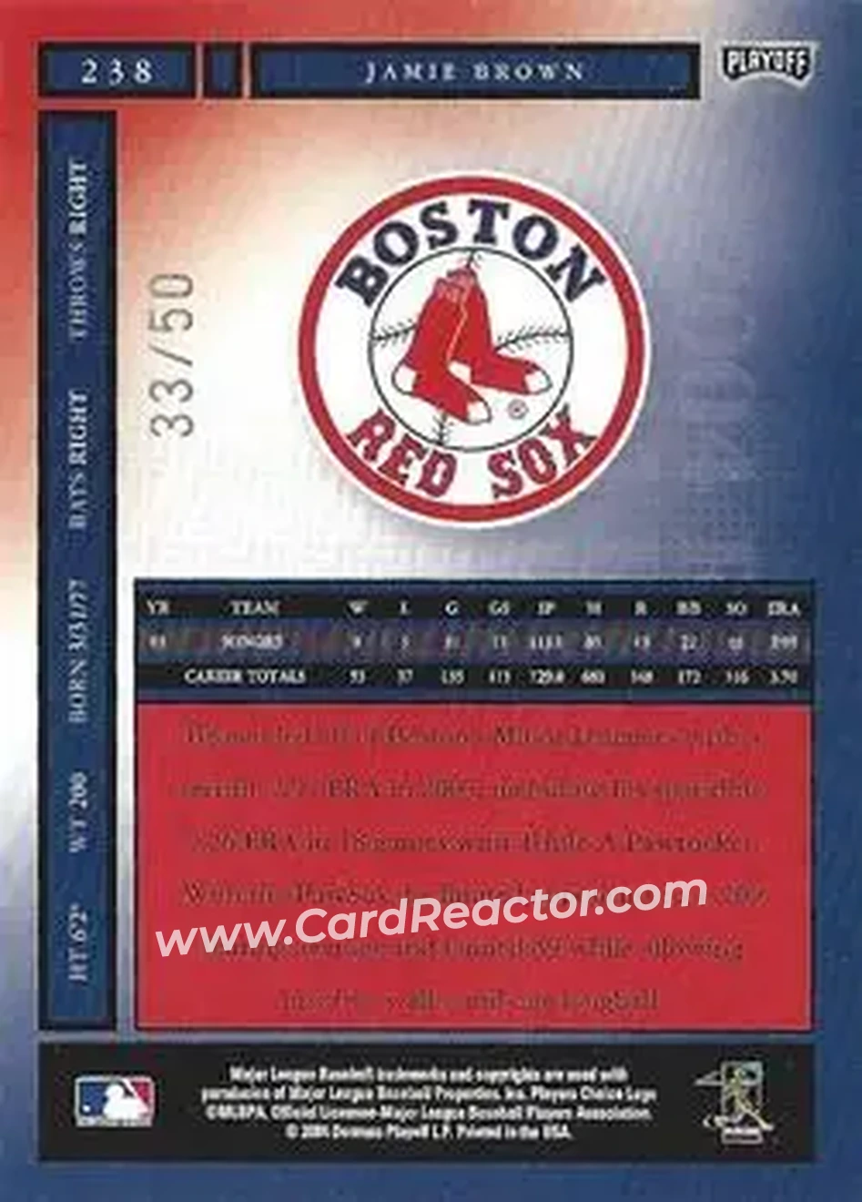 2004 Playoff Honors - Credits Silver #238 - Jamie Brown - Boston Red Sox - Back 2004 Playoff Honors - Credits Silver #238 - Jamie Brown - Boston Red Sox - Back