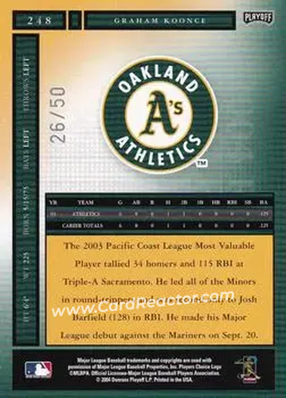 2004 Playoff Honors - Credits Silver #248 - Graham Koonce - Oakland Athletics - Back