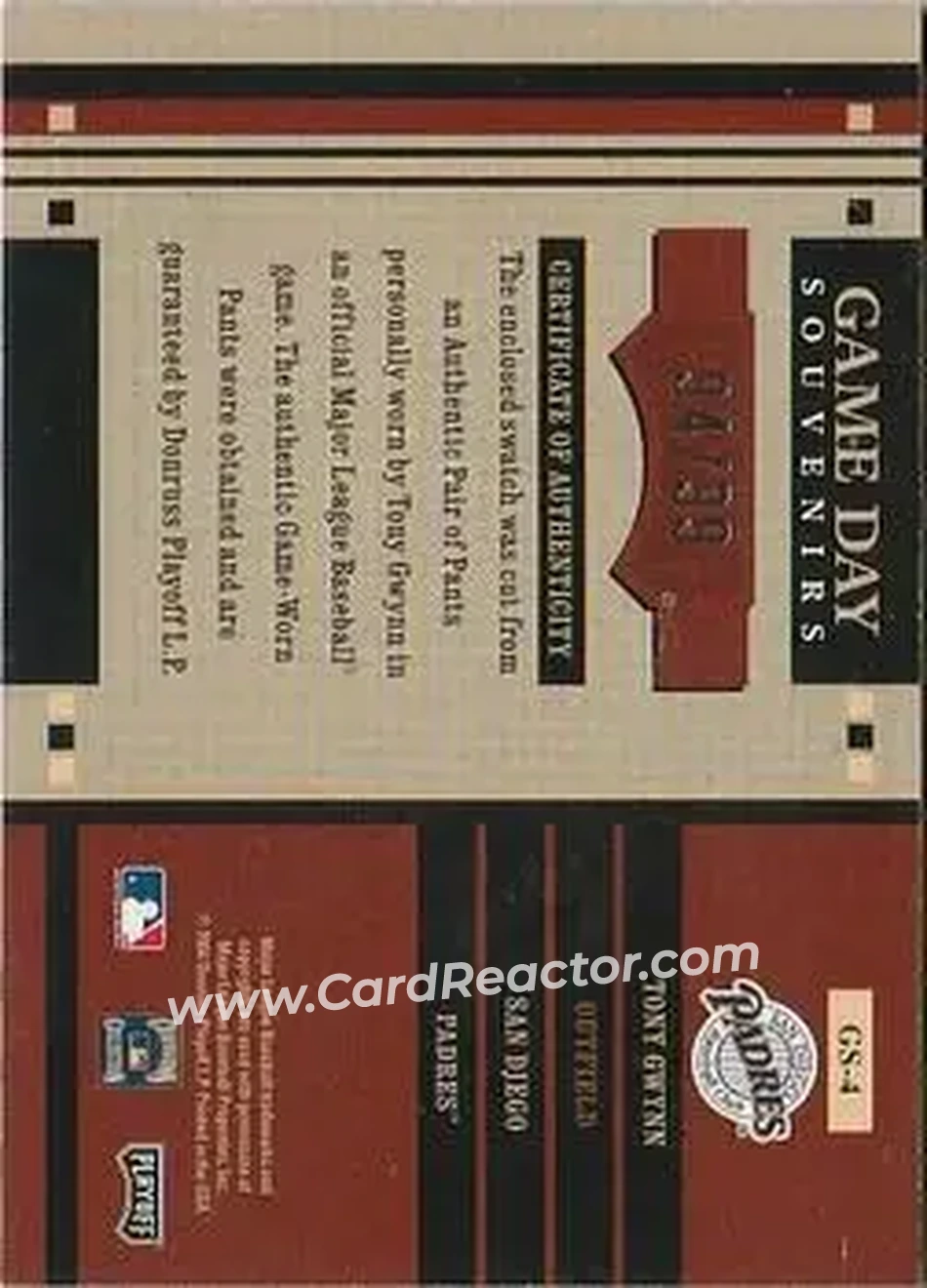 2004 Playoff Honors - Game Day Souvenir #GS-4 - Tony Gwynn - San Diego Padres - Back
