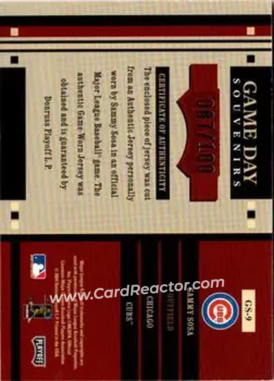 2004 Playoff Honors - Game Day Souvenir #GS-9 - Sammy Sosa - Chicago Cubs - Back