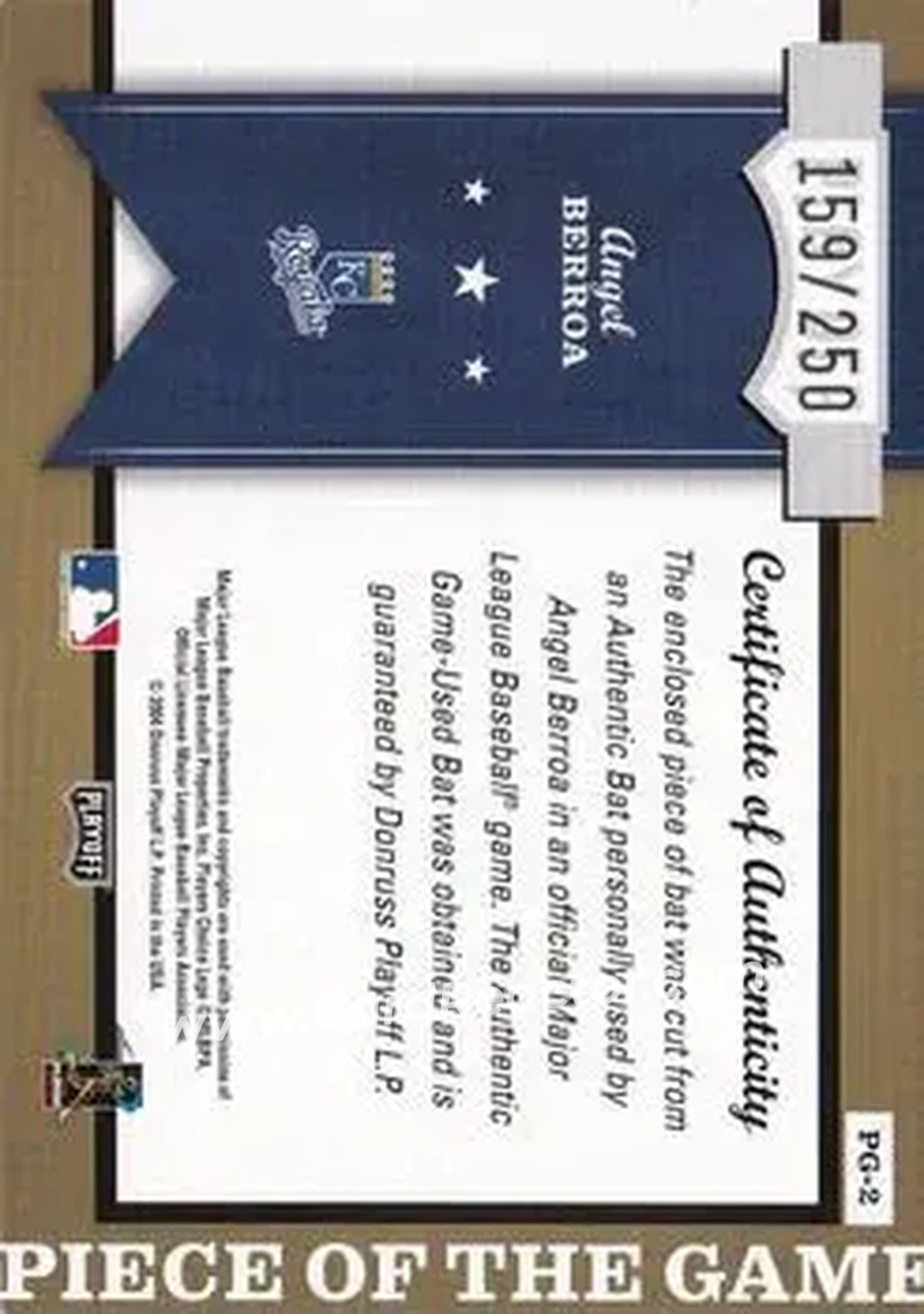 2004 Playoff Honors - Piece of the Game Bat #PG-2 - Angel Berroa - Kansas City Royals - Back
