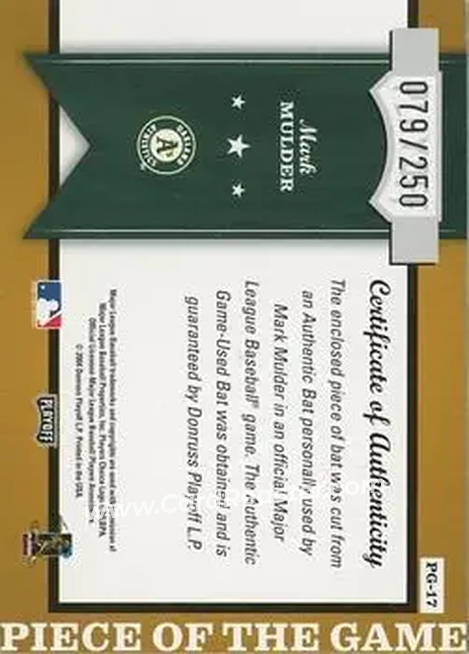 2004 Playoff Honors - Piece of the Game Bat #PG-17 - Mark Mulder - Oakland Athletics - Back