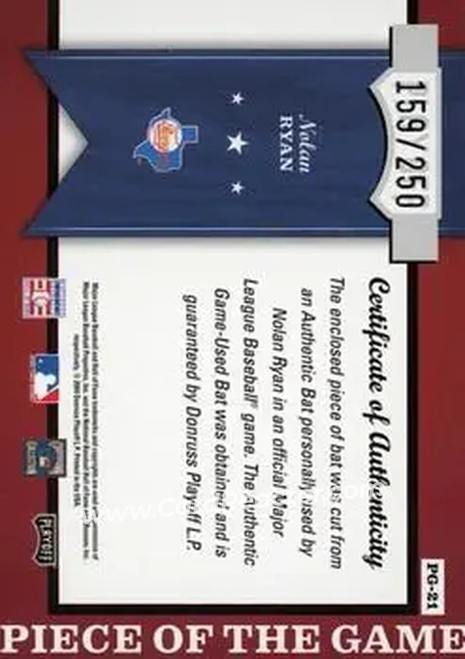 2004 Playoff Honors - Piece of the Game Bat #PG-21 - Nolan Ryan - Texas Rangers - Back