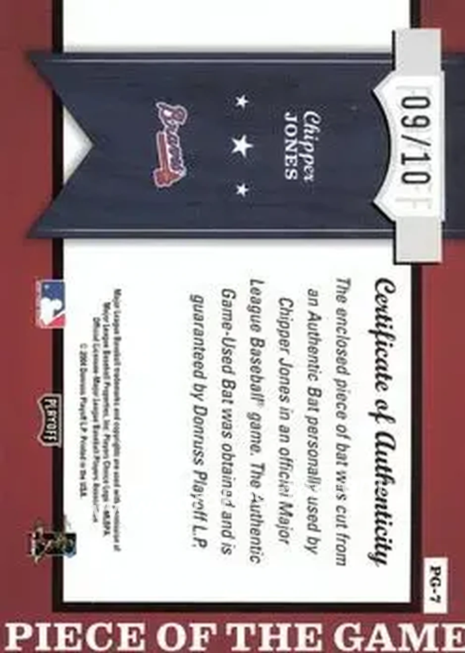 2004 Playoff Honors - Piece of the Game Bat Signature #PG-7 - Chipper Jones - Atlanta Braves - Back
