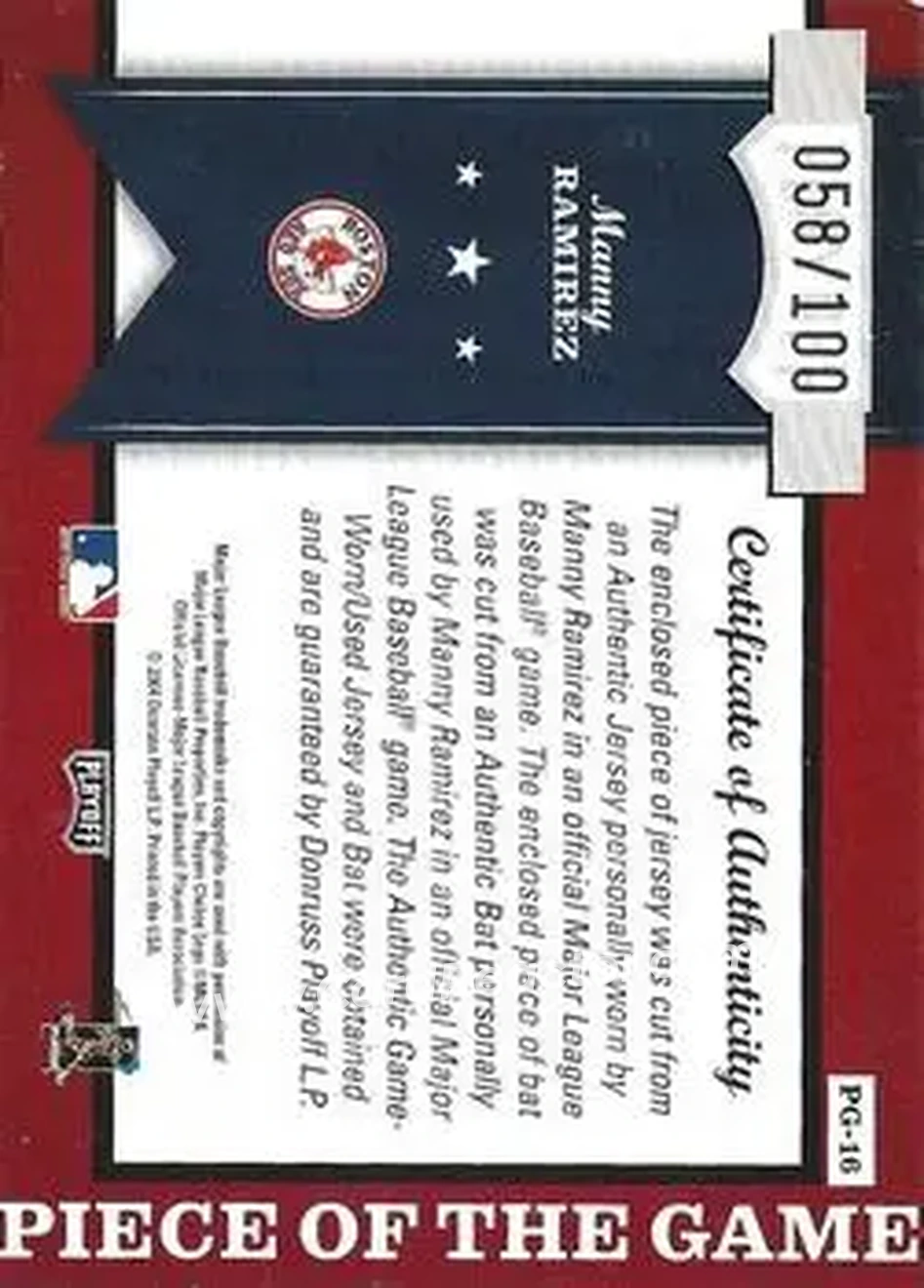 2004 Playoff Honors - Piece of the Game Combo #PG-16 - Manny Ramirez - Boston Red Sox - Back