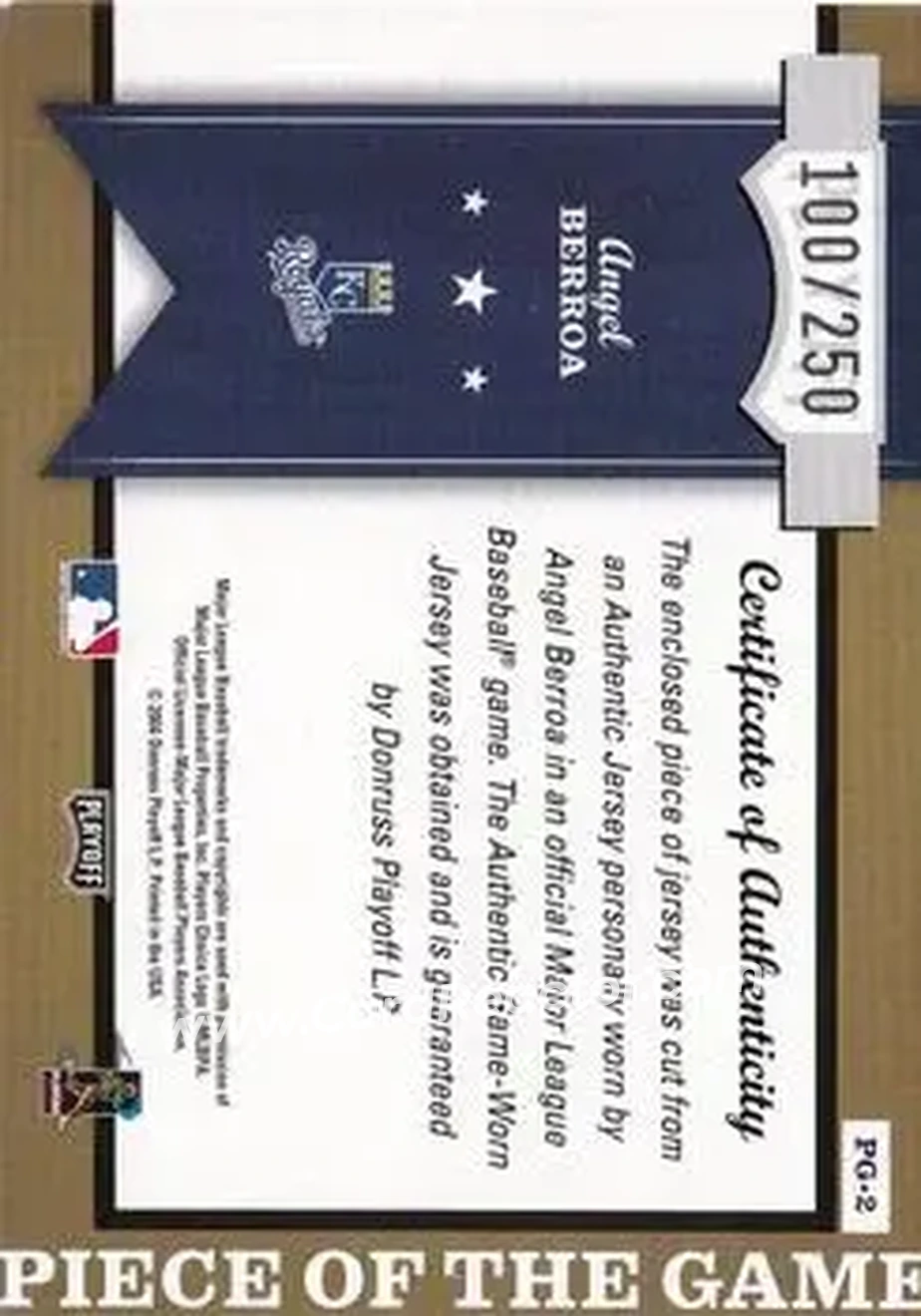 2004 Playoff Honors - Piece of the Game Jersey #PG-2 - Angel Berroa - Kansas City Royals - Back