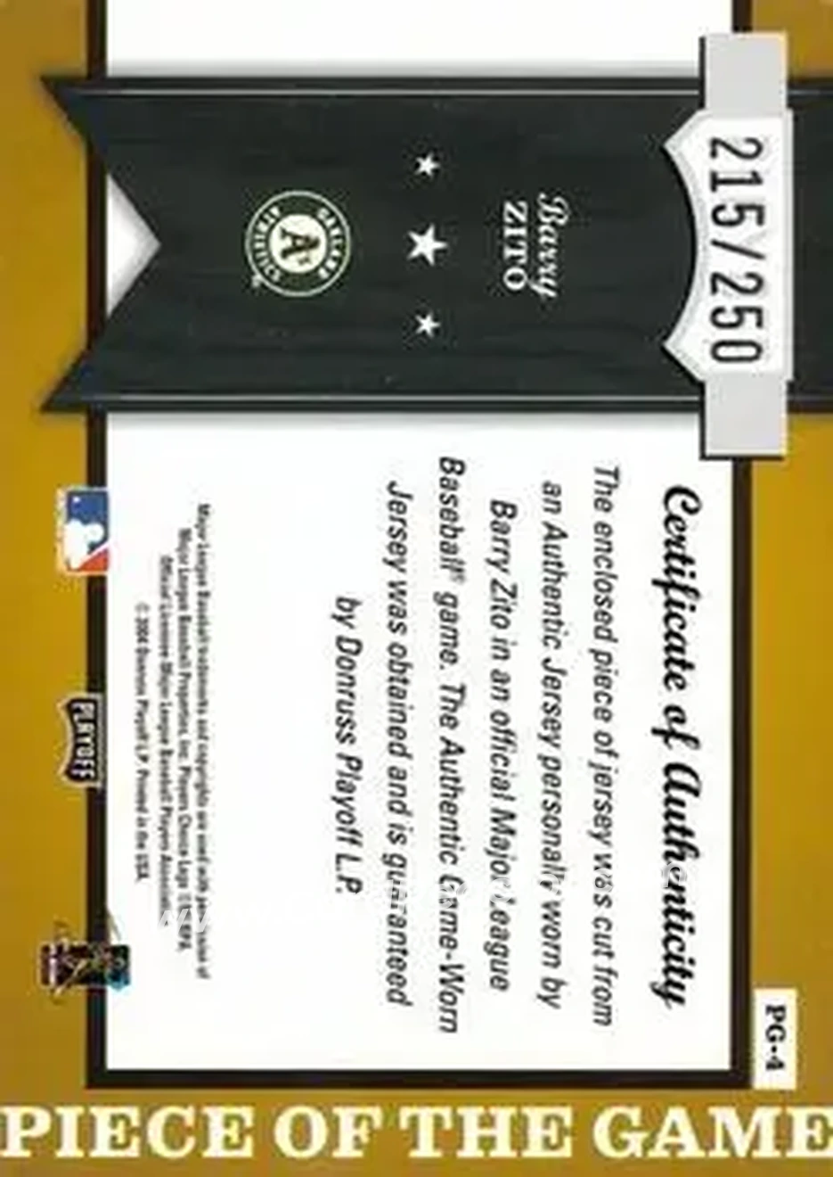 2004 Playoff Honors - Piece of the Game Jersey #PG-4 - Barry Zito - Oakland Athletics - Back