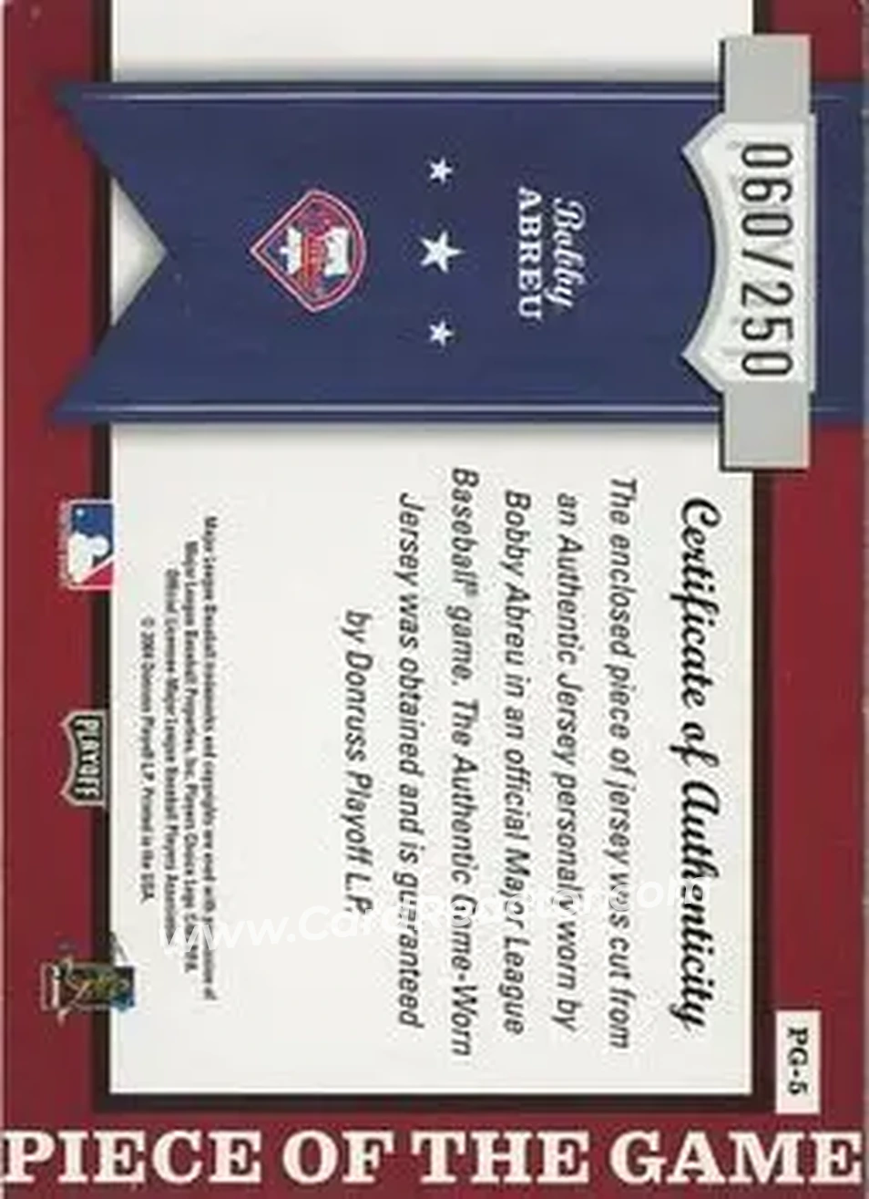 2004 Playoff Honors - Piece of the Game Jersey #PG-5 - Bob Abreu - Philadelphia Phillies - Back