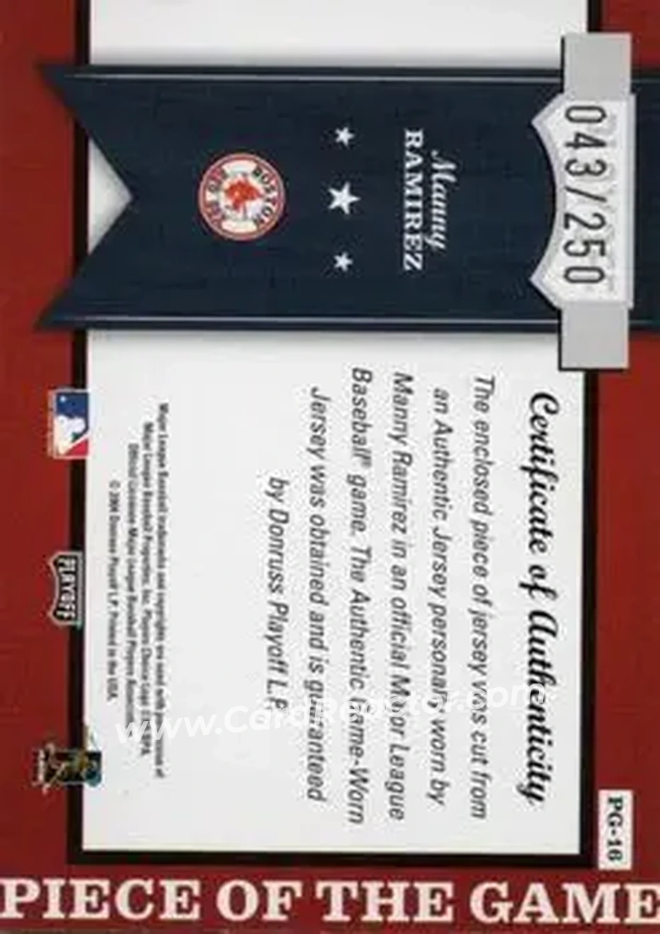 2004 Playoff Honors - Piece of the Game Jersey #PG-16 - Manny Ramirez - Boston Red Sox - Back