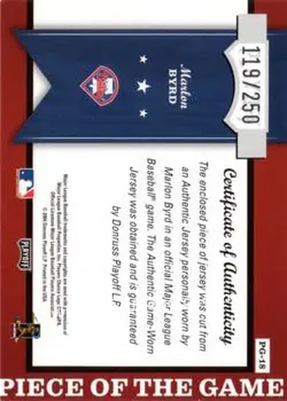 2004 Playoff Honors - Piece of the Game Jersey #PG-18 - Marlon Byrd - Philadelphia Phillies - Back