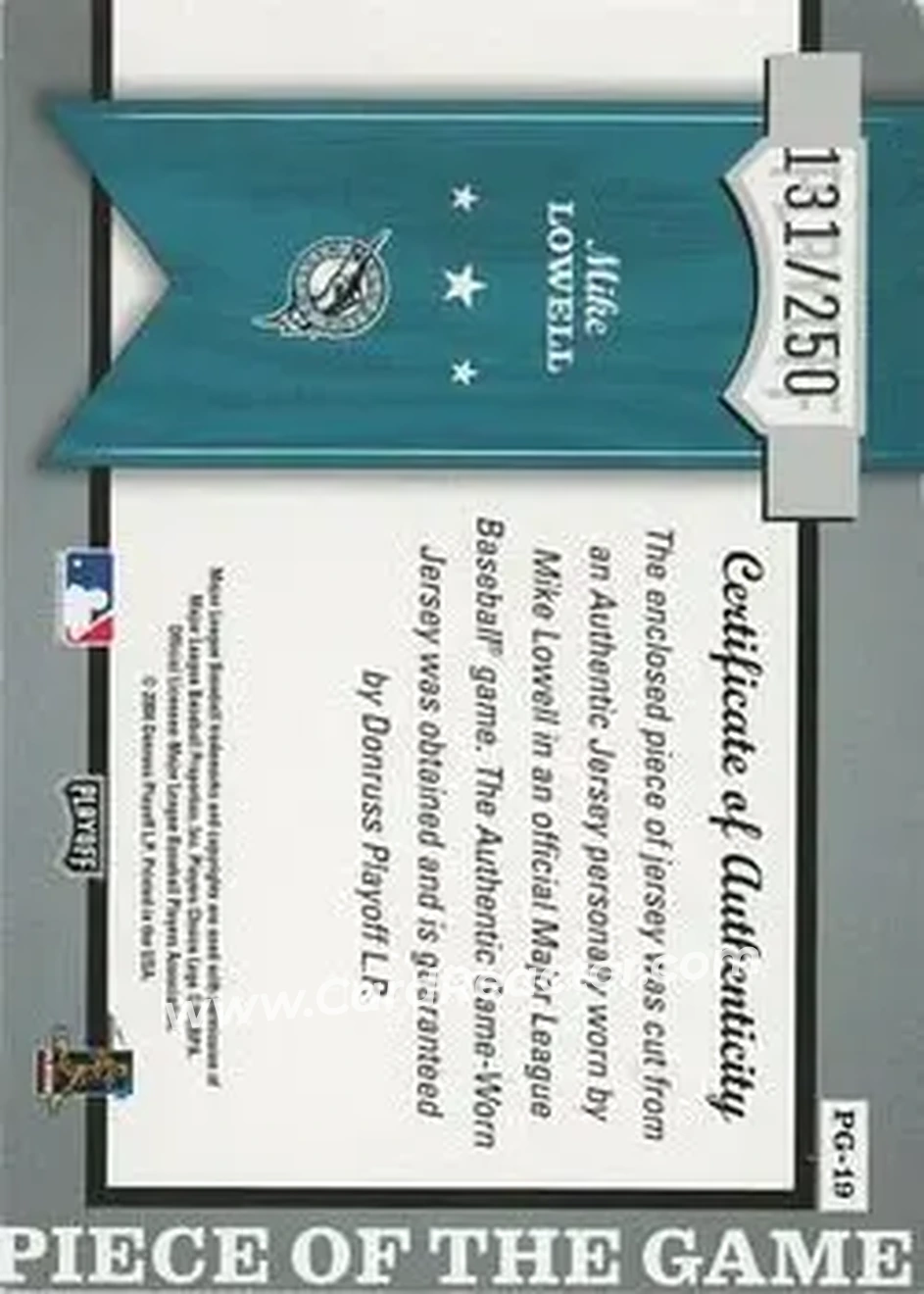 2004 Playoff Honors - Piece of the Game Jersey #PG-19 - Mike Lowell - Florida Marlins - Back