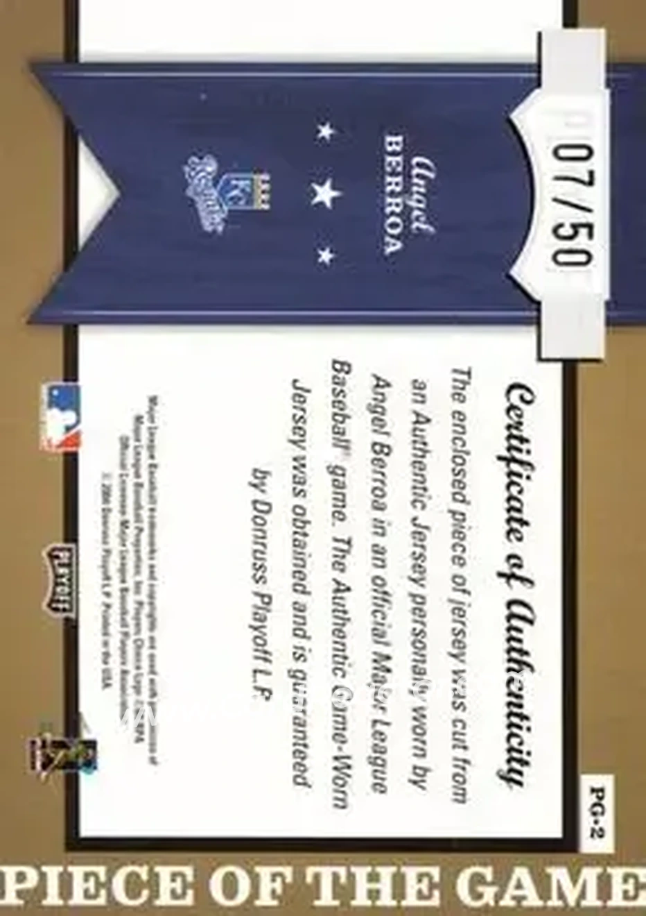 2004 Playoff Honors - Piece of the Game Jersey Number #PG-2 - Angel Berroa - Kansas City Royals - Back