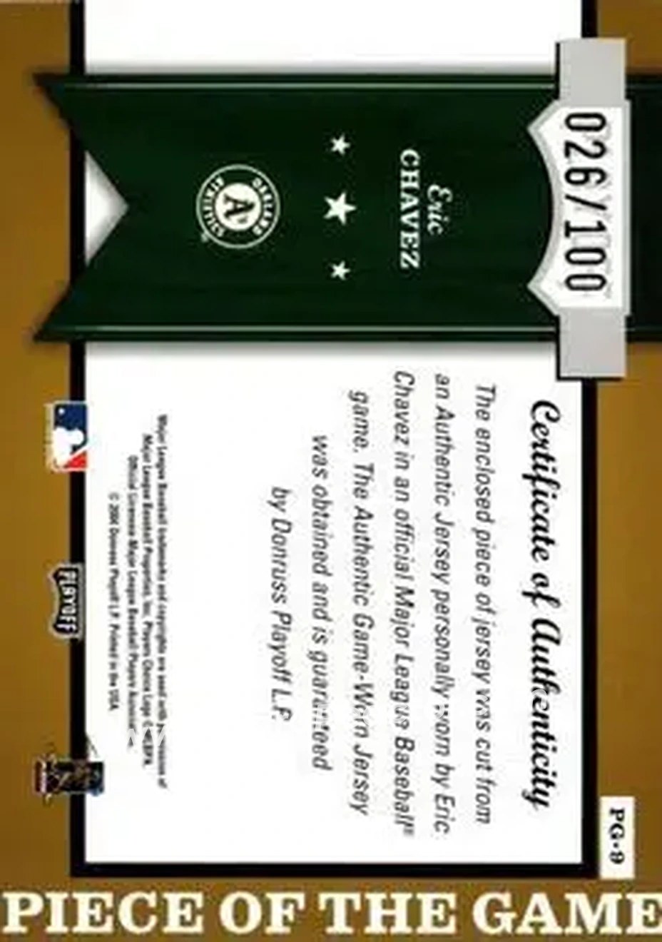 2004 Playoff Honors - Piece of the Game Jersey Number #PG-9 - Eric Chavez - Oakland Athletics - Back