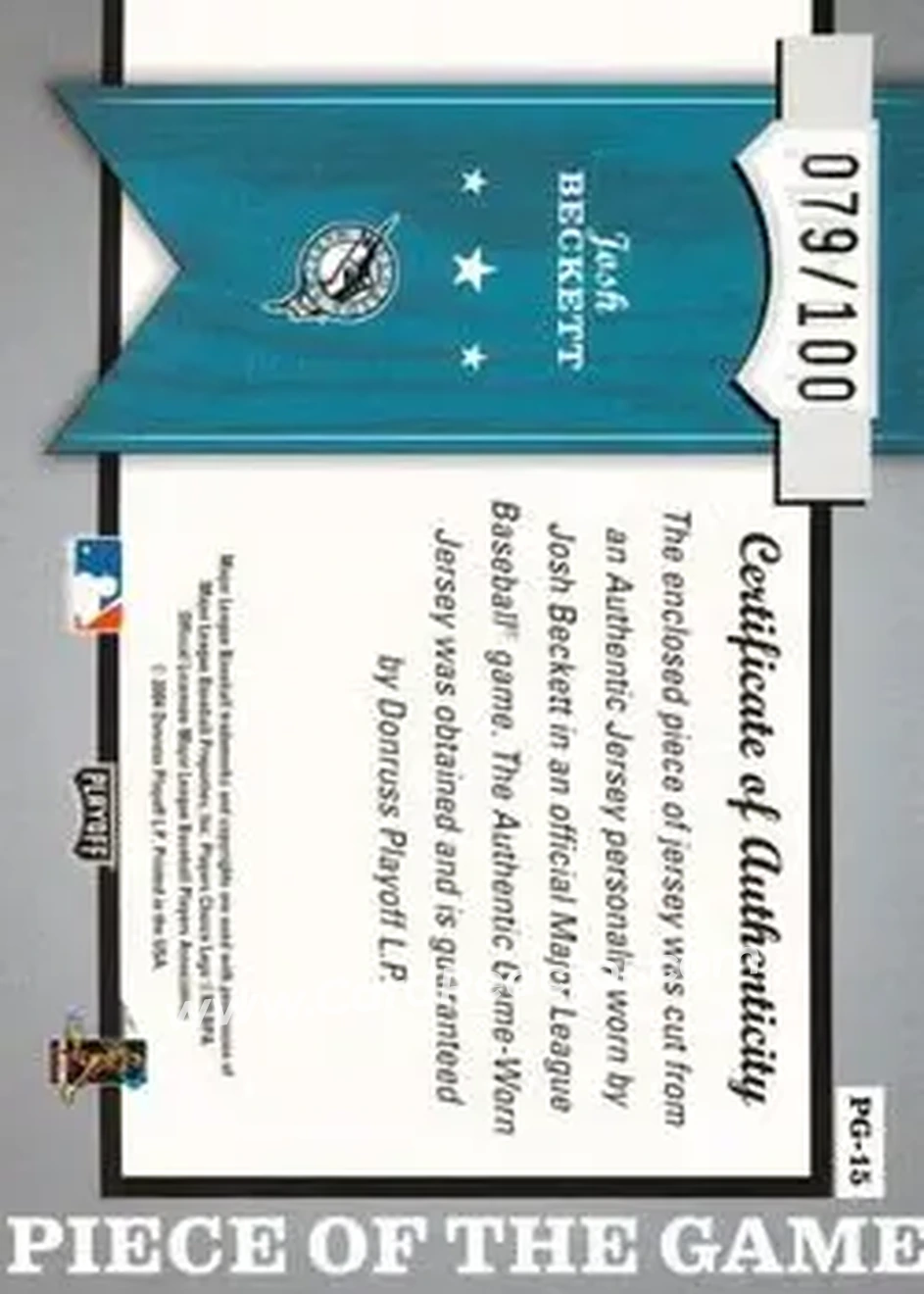 2004 Playoff Honors - Piece of the Game Jersey Number #PG-15 - Josh Beckett - Florida Marlins - Back