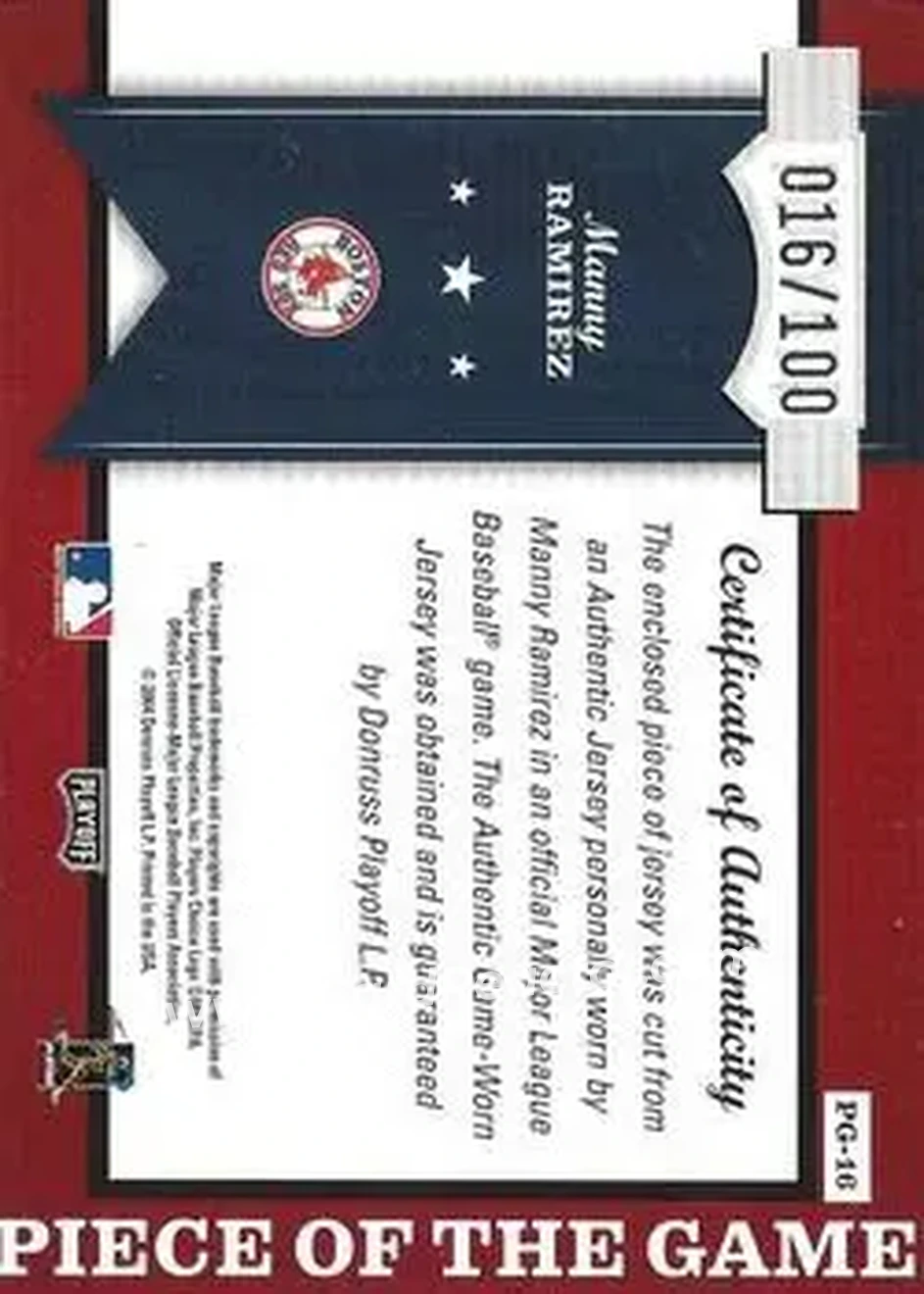 2004 Playoff Honors - Piece of the Game Jersey Number #PG-16 - Manny Ramirez - Boston Red Sox - Back