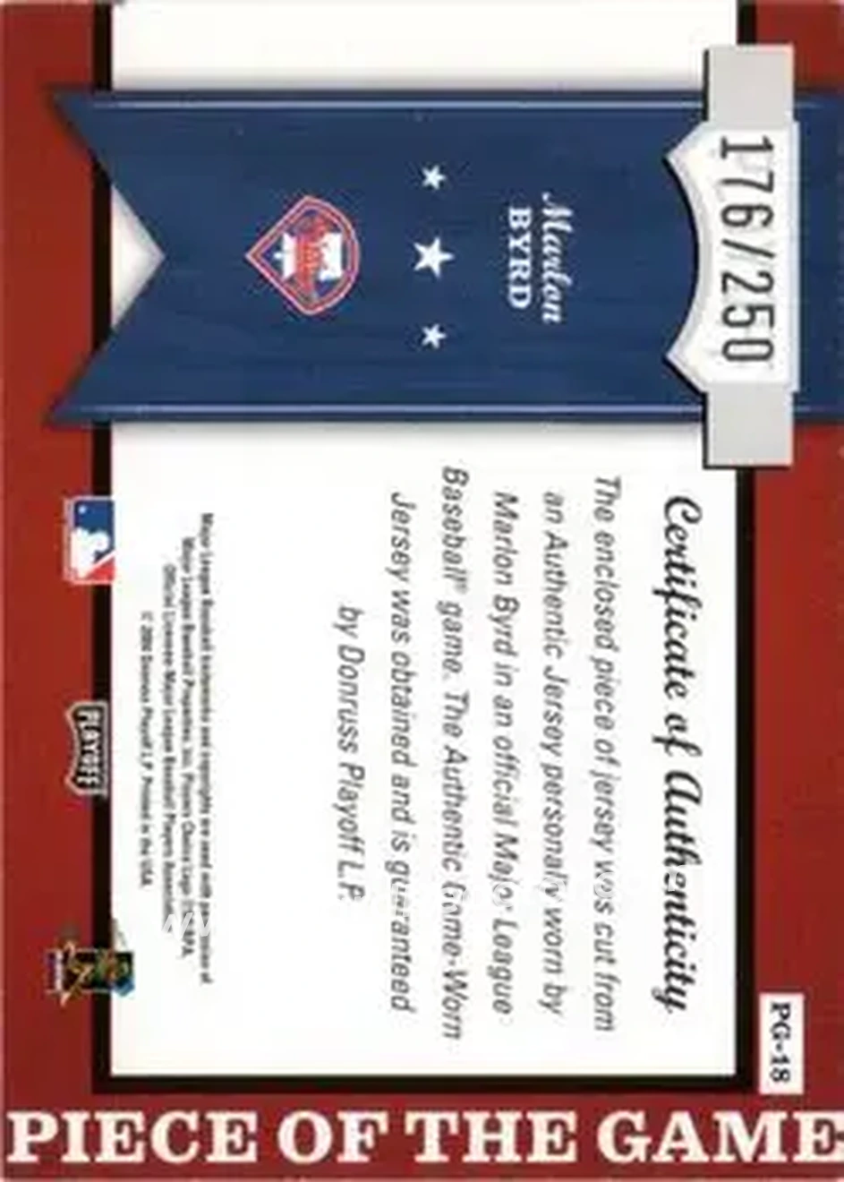 2004 Playoff Honors - Piece of the Game Jersey Number #PG-18 - Marlon Byrd - Philadelphia Phillies - Back