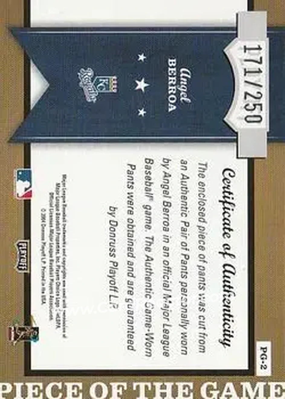 2004 Playoff Honors - Piece of the Game Jersey Position #PG-2 - Angel Berroa - Kansas City Royals - Back