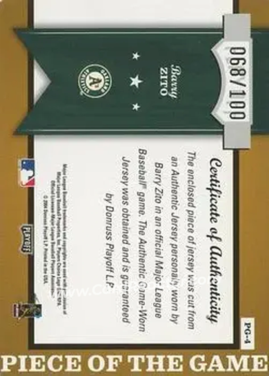 2004 Playoff Honors - Piece of the Game Jersey Position #PG-4 - Barry Zito - Oakland Athletics - Back