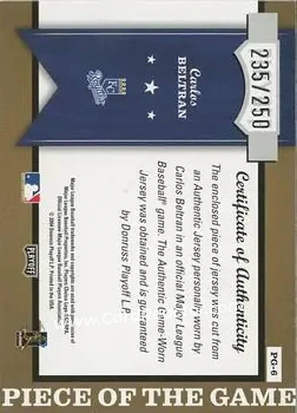2004 Playoff Honors - Piece of the Game Jersey Position #PG-6 - Carlos Beltran - Kansas City Royals - Back