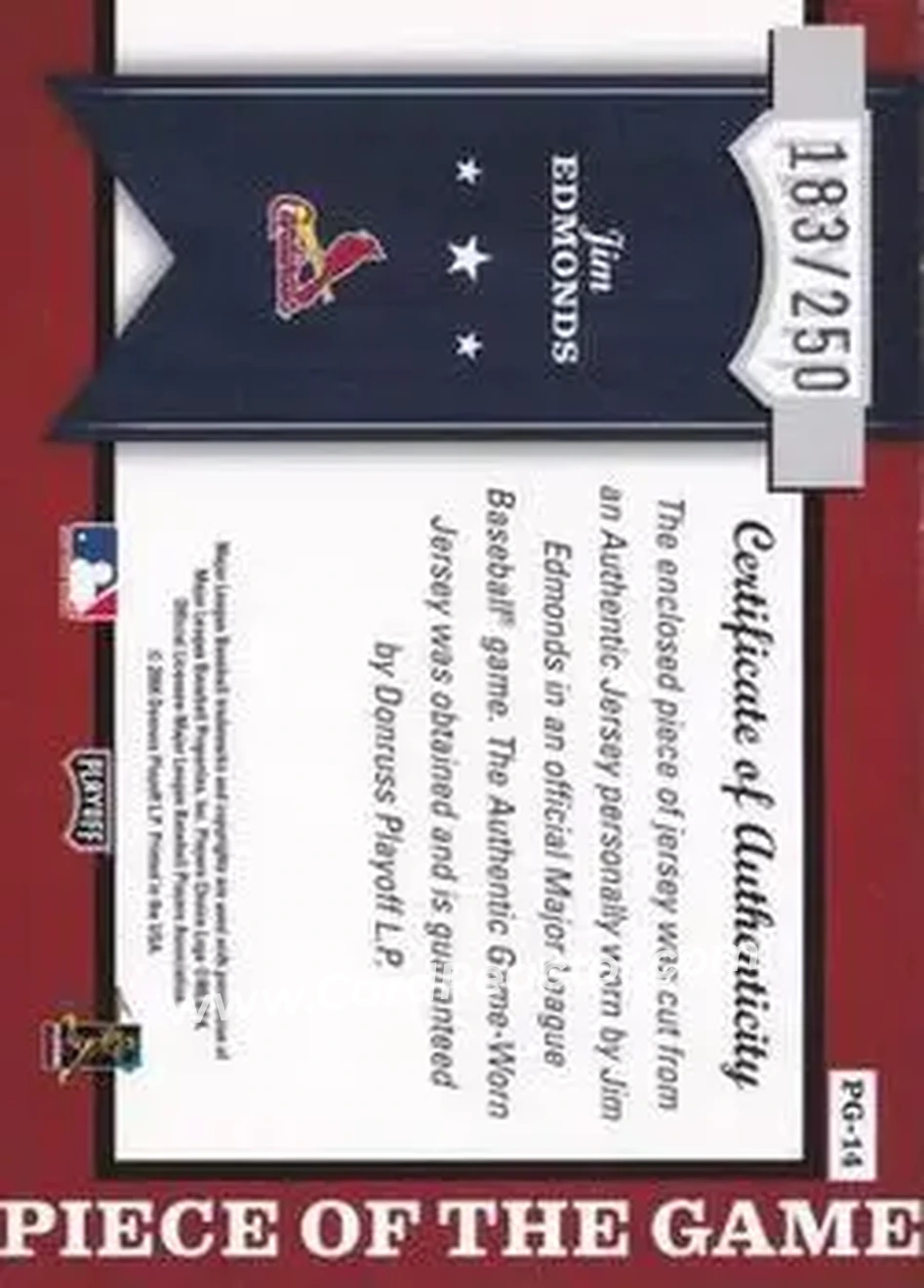 2004 Playoff Honors - Piece of the Game Jersey Position #PG-14 - Jim Edmonds - St. Louis Cardinals - Back