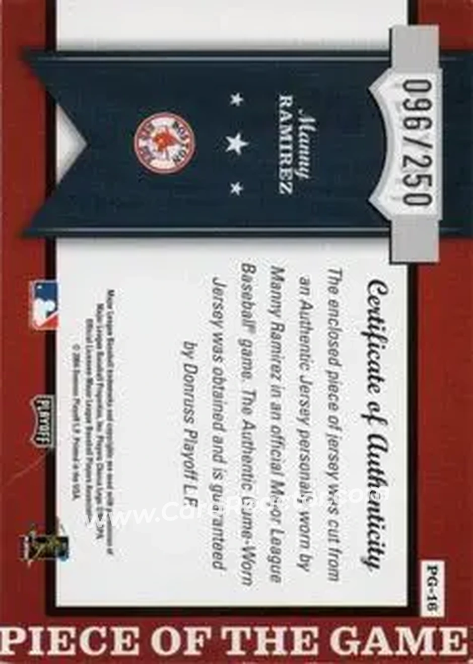 2004 Playoff Honors - Piece of the Game Jersey Position #PG-16 - Manny Ramirez - Boston Red Sox - Back