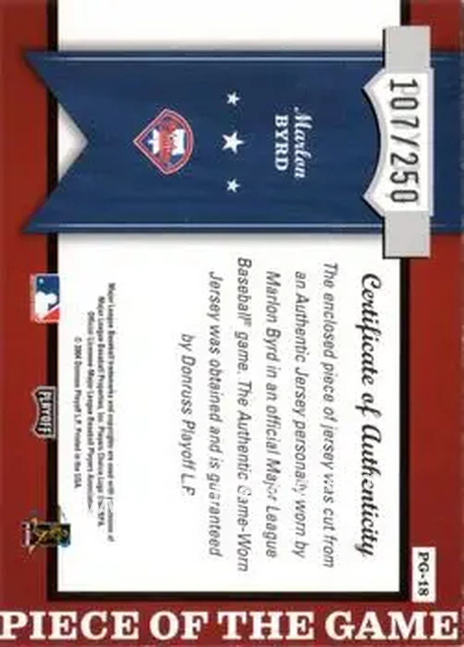 2004 Playoff Honors - Piece of the Game Jersey Position #PG-18 - Marlon Byrd - Philadelphia Phillies - Back